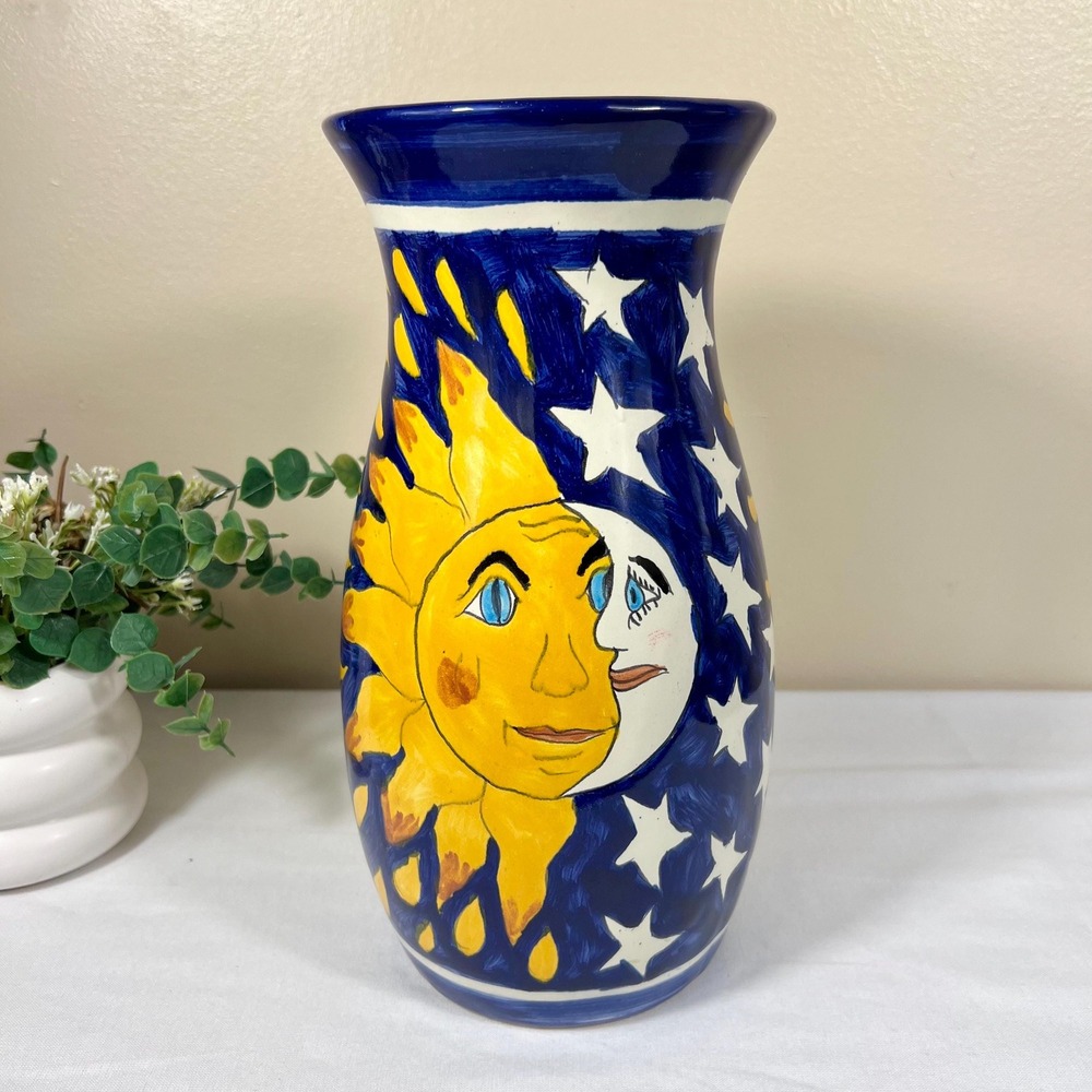 Large Vintage Hand Painted Celestial Star & Moon Potter Vase | T. Ruth Talavera